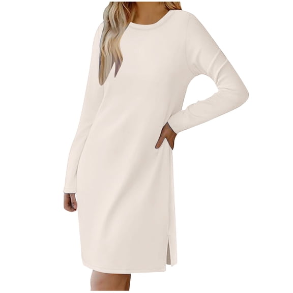 Generic Solid Color Dresses for Women Casual Long Sleeve Dress Trendy Fall Fashion Cozy Crewneck Mini Dress with Pockets
