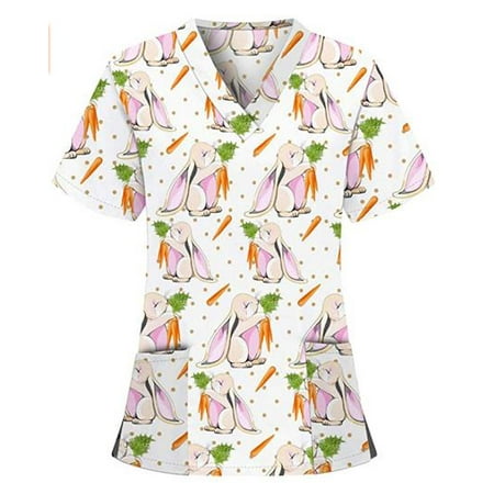 

Genuiskids Easter Womens Scrubs Tops T-Shirt Easter Eggs Bunny Print V Neck Short Sleeve Medical Scrub Shirts Working Uniform Wear with Pockets Red