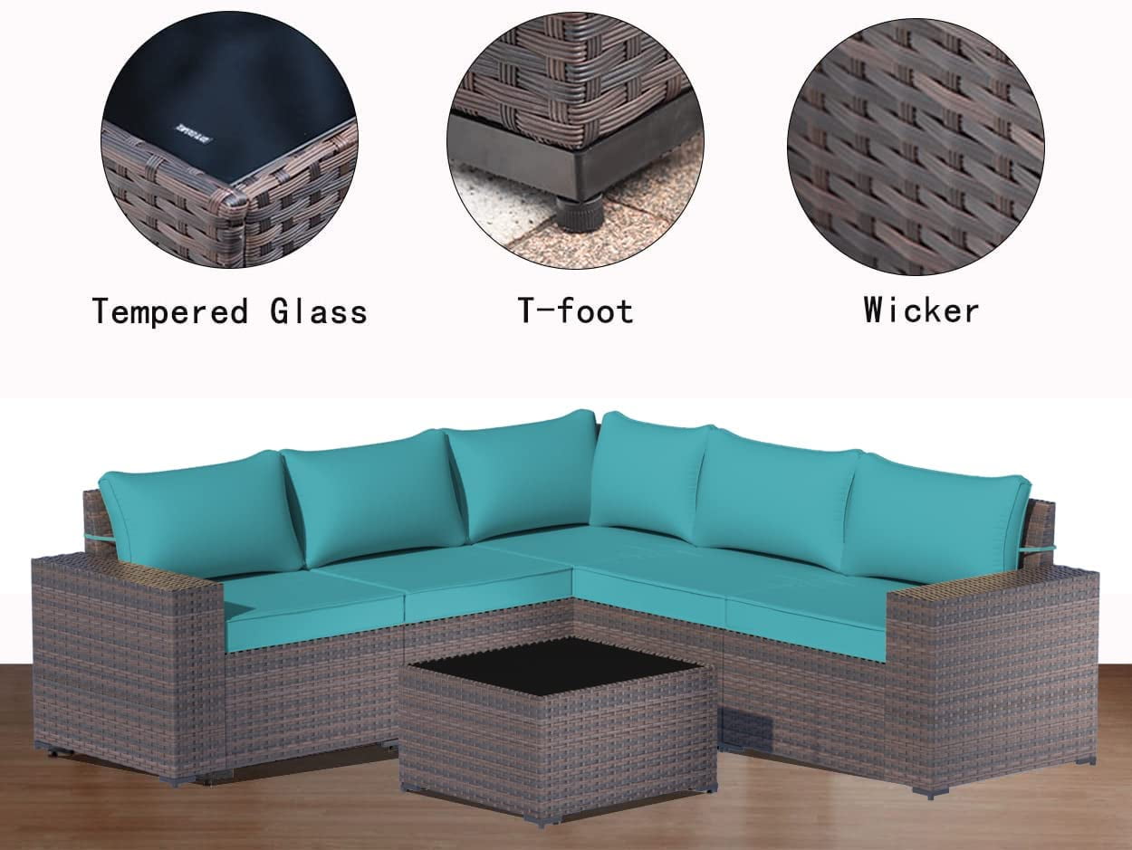 Kullavik 6 Pieces Patio Furniture Sets All Weather Outdoor Sectional Sofa Manual Weaving Wicker Rattan Patio Conversation Set with Cushion and Glass Table (Blue)