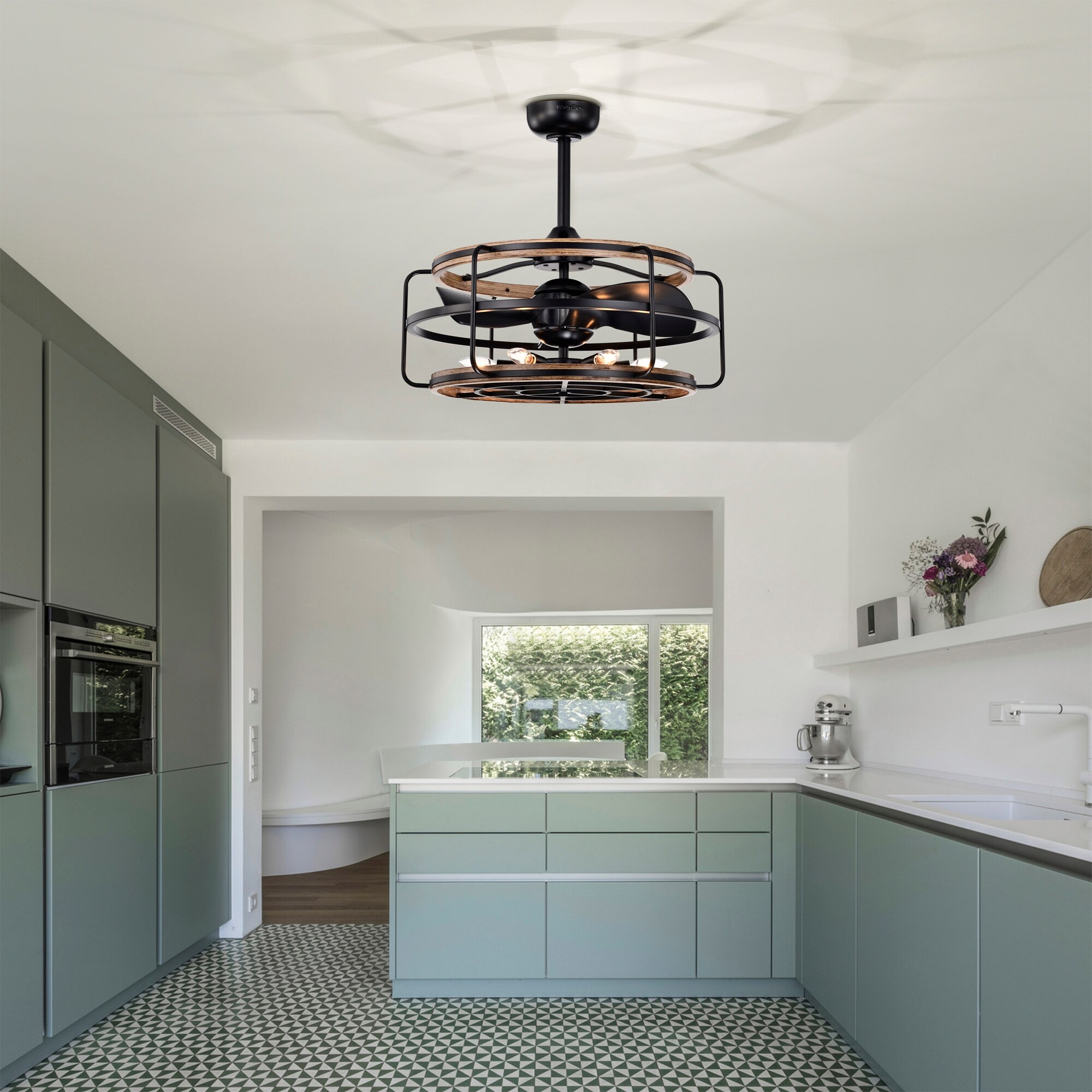 Warehouse of Tiffany Amable 26 Inch Farmhouse and Industrial Style Matte Black Finish Lighted Ceiling Fandelier with Remote