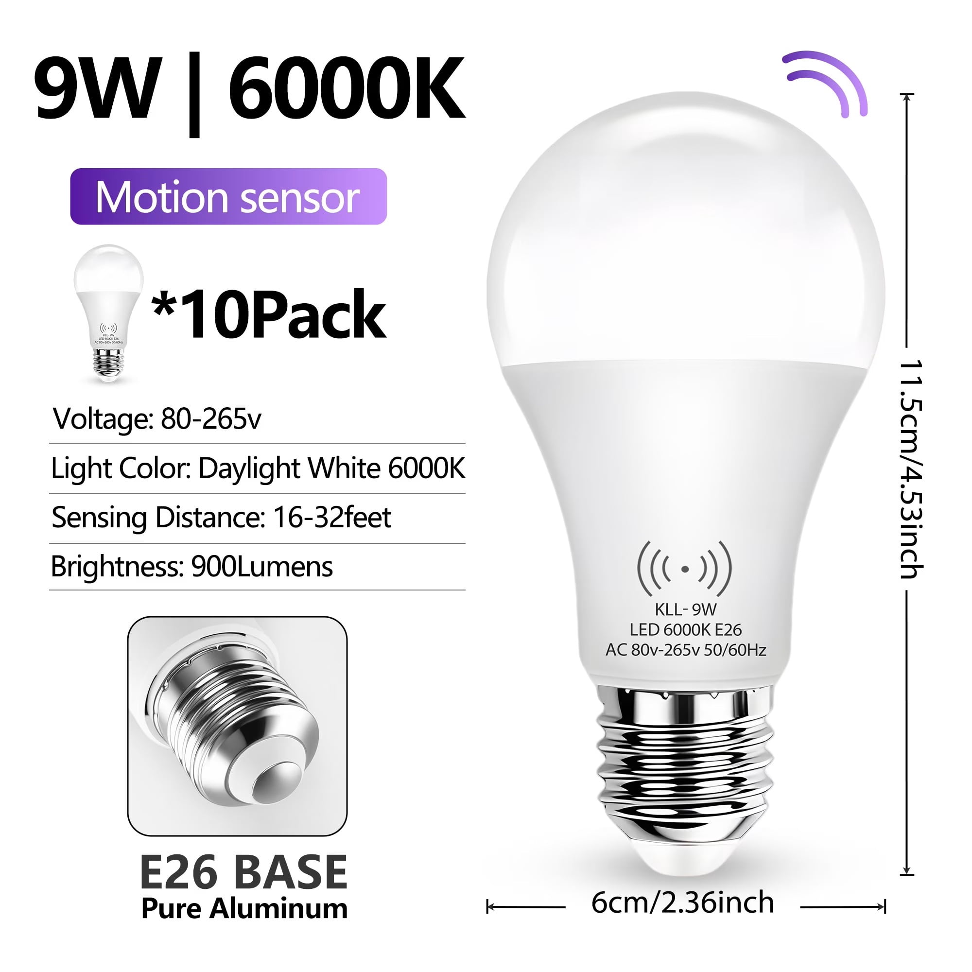 Kasotile A19 LED Motion Sensor Light Bulb (80W Equivalent) E26 LED Dusk to Dawn Lamp Bulb Cool White 10PK