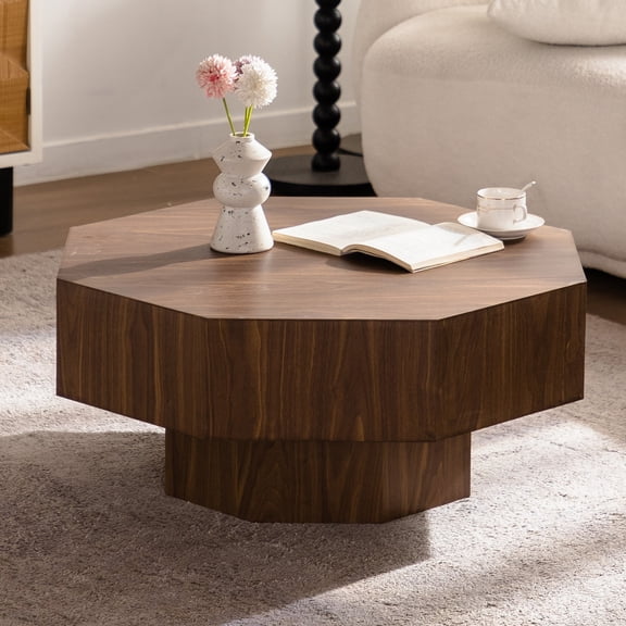 Lisonu 30.5" Modern Octagonal Coffee Table, Geometric Pedestal Cocktail Table with Walnut Finish for Living Room