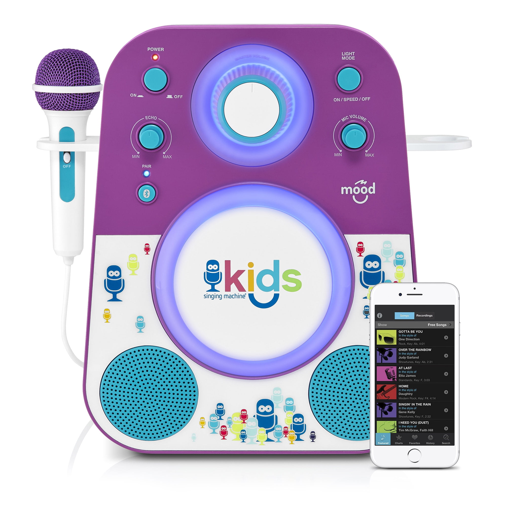 The Singing Machine Kids Mood LED Glowing Bluetooth Sing-Along Speaker with Wired Youth Microphone Doubles as a Night Light, Purple/Blue