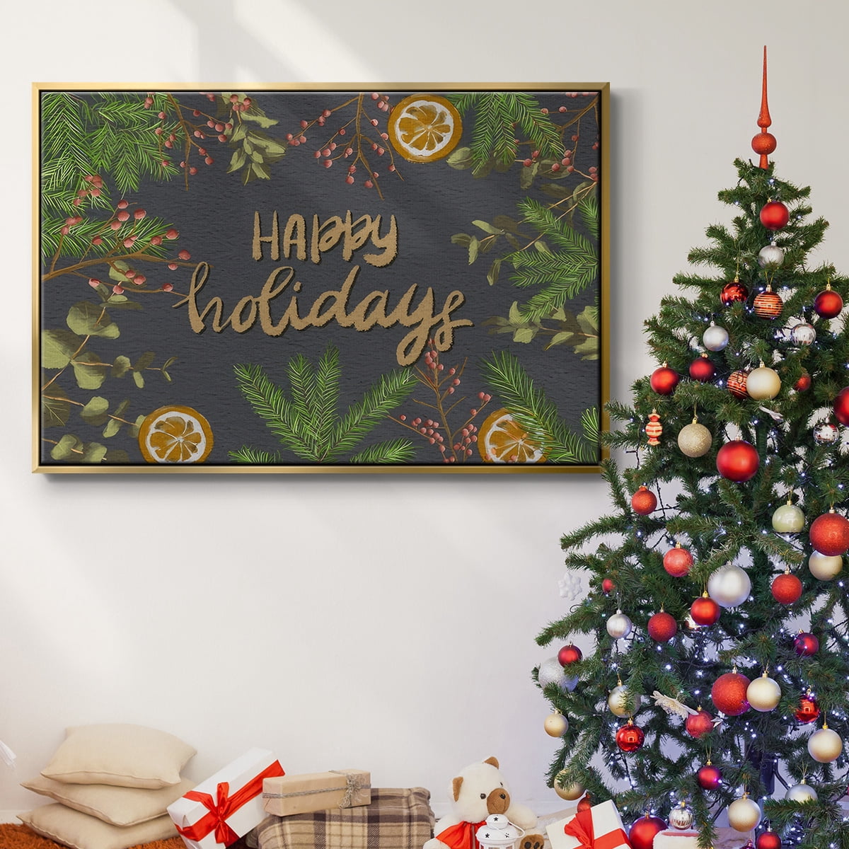 Holiday Sentiment II - Framed Gallery Wrapped Holiday Canvas - 17 x 25 - Gold Frame