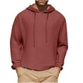thumbnail image 3 of Men's Linen Hooded Long Sleeve Top Shirt Pullover with Drawstring Casual Loose Fit Solid Color Plain Basic Streetwear Loungewear Travel Outfits Modern Fashion Essential | AESTIVO,Red L, 3 of 9