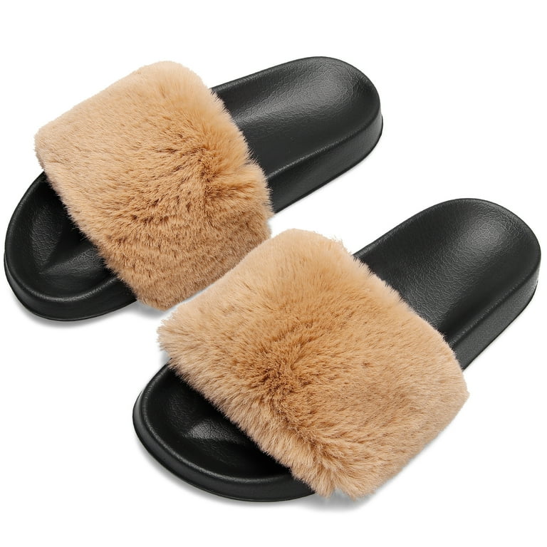 Barerun Women s Fuzzy Faux Fur Open Toe Slides Slippers Walmart