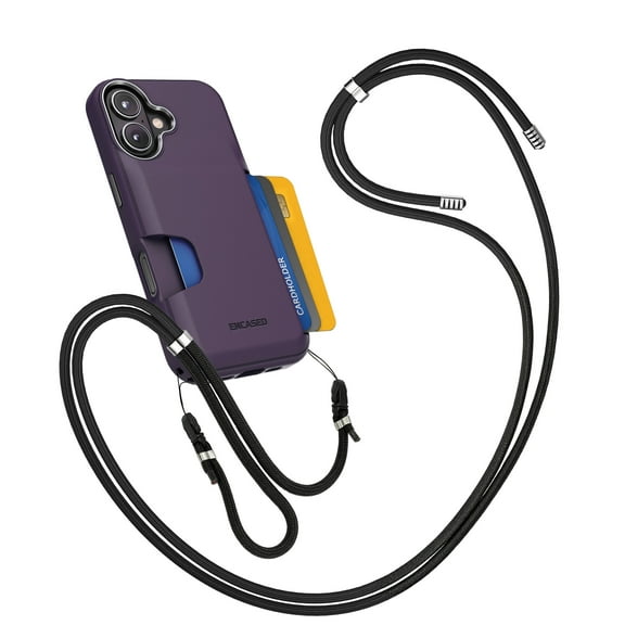Encased for iPhone 17 Wallet Case with Adjustable Neck Strap (Cache Series) - Crossbody Protective Phone Case with Built-In Card Holder Slot (Purple)