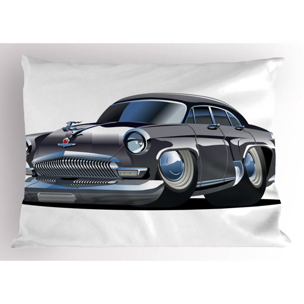 Cars Pillow Sham Retro Inspired Car Design with Asymmetric Tires Fast