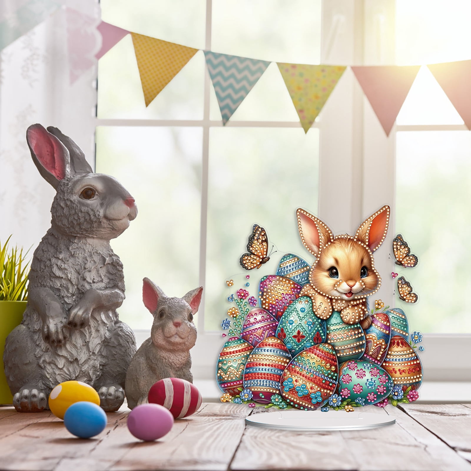 FLOPESN DIY Diamond Art Painting Easter Bunny Ornament Kits with Oval Base, Single-Sided Diamond Painting PET Craft for Home Decor