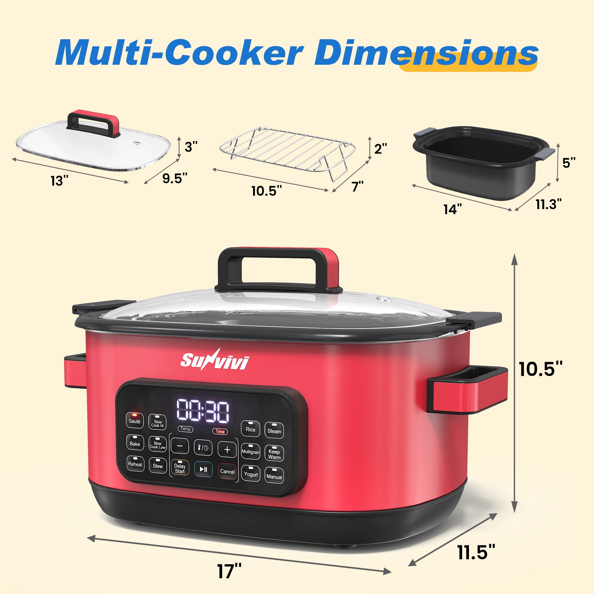 Sunvivi 12-in-1 Digital Programmable Slow Cooker, 6.5 QT Large Multicooker, Multi-Cooker with Timer, Temp Control, Red