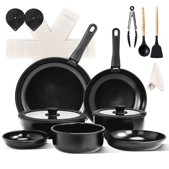 Black 23-Piece Cookware Set - Non-Stick Aluminum 7 Pots & 2 Lids, Removable Handles, All Stove Compatible