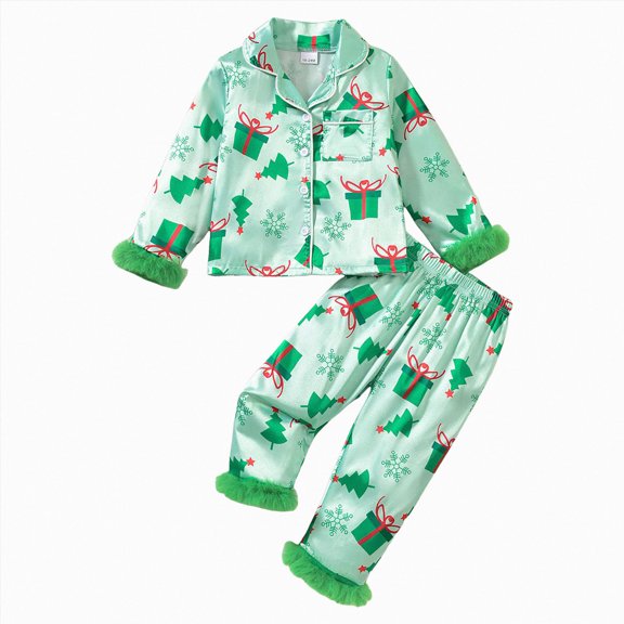 WUANDIXFA Girls Pajama Sets 2 Pieces Graphic Silk Pjs Long Pants Satin Sleepwear Loungewear Sets Outfit Loung Sets Toddler Summer Pajamas,Green,4 Years