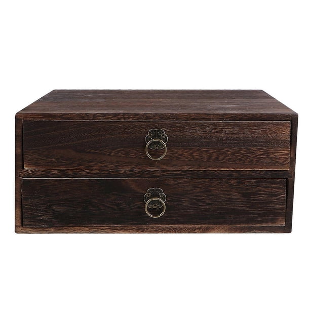1Pc Solid Wood Storage Desk Box Retro Drawer Type Desktop Organizer (2 Layer)