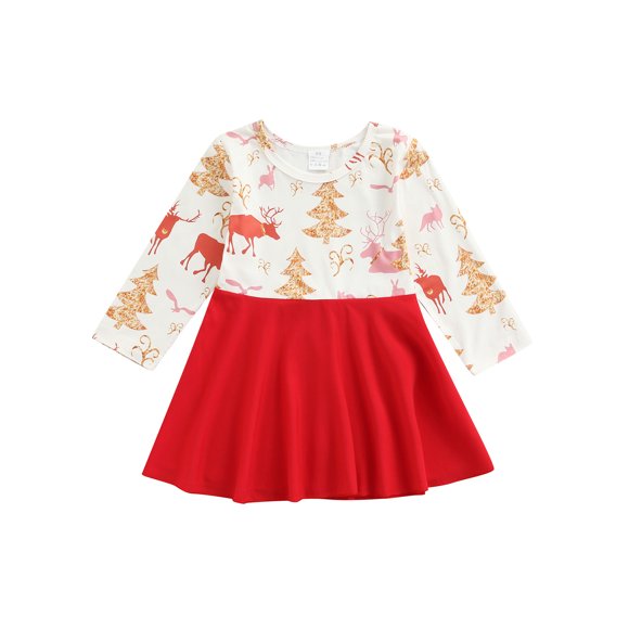 ITFABS Robe de Noël pour Filles, Jupe à Manches Longues Imprimé Renne