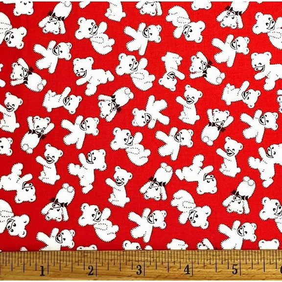 1 Fat Quarter - Mini Teddy Bears on Red Cotton Fabric - 21" X 18"