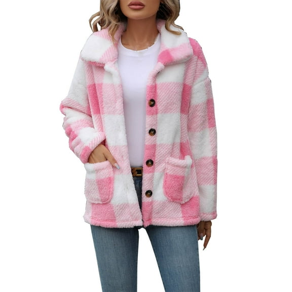 Womens Fleece Jackets, Fall Winter Full Zip Plaid Coat with Pocket, Winter Jackets for Women Pinks l