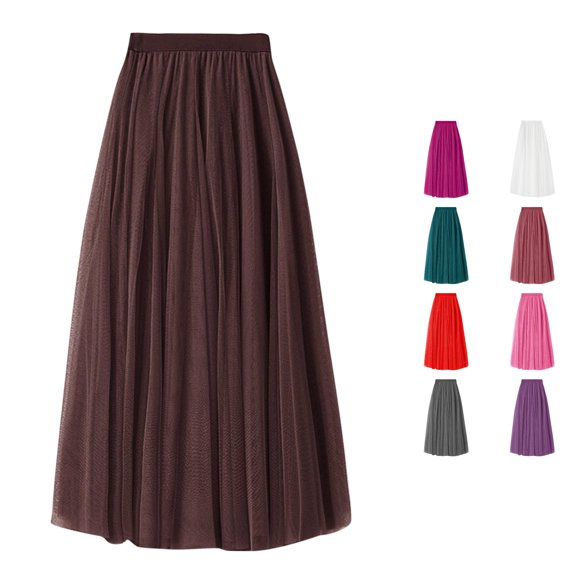 XIAONU Womens Solid Maxi Skirt High Waist Pleated Tulle Flowy Casual Long Skirt