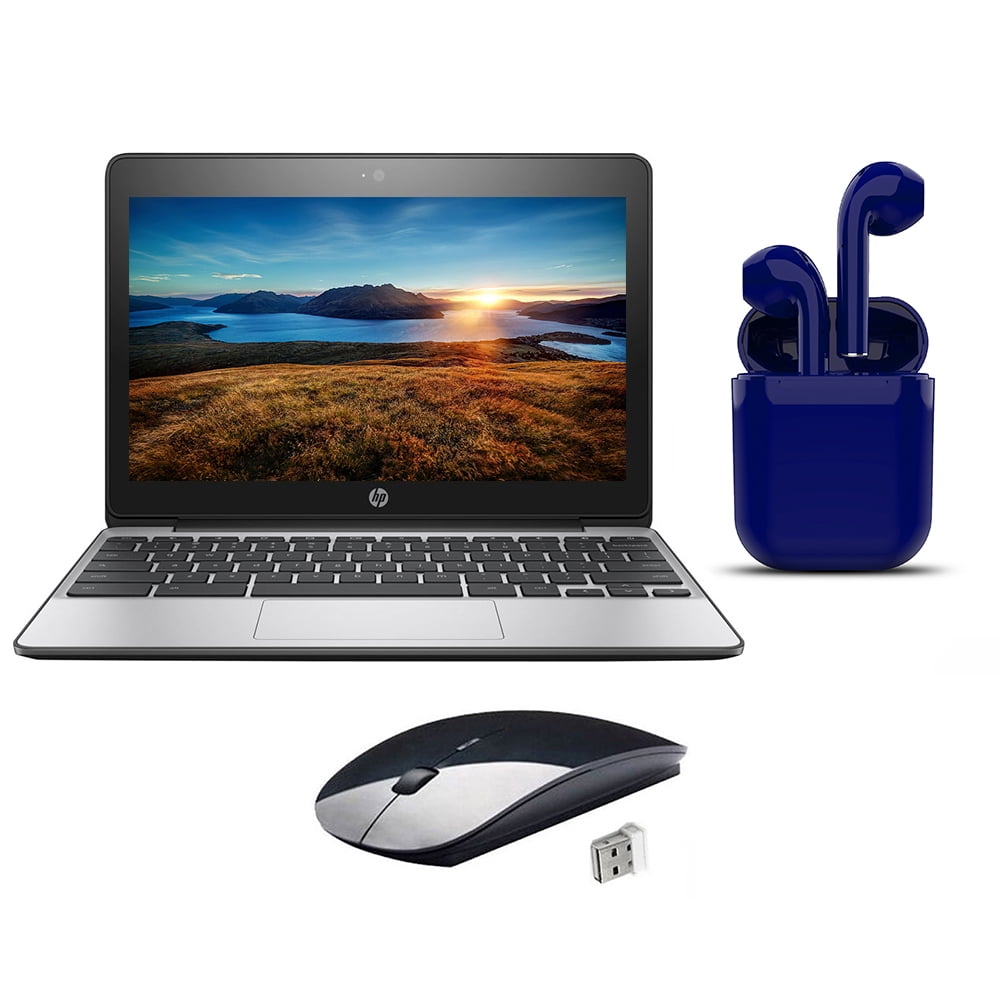 Restored HP Chromebook 11.6-inch Intel Celeron 4GB RAM 16GB 2024 Latest OS Bundle: USA Essentials Bluetooth/Wireless Airbuds, Wireless Mouse By 2 Day Express (Refurbished)