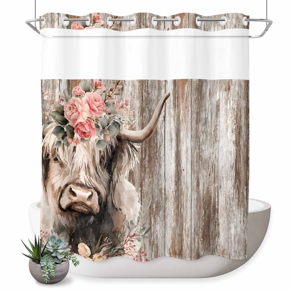 No Hook Shower Curtain, Spring Cow Floral Shower Curtains for Bathroom with See Through Top Window, Vintage Brown Wooden Farmhouse Waterproof & Washable Bath Curtain 66"x72"