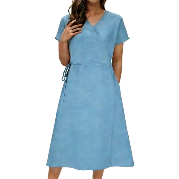 Gamivast Womens Wrap Dress Short Sleeve V-Neck Tie Waist A Line Dress Solid Color Flowy Midi Dress Casual Summer Wedding Guest Work Church Party