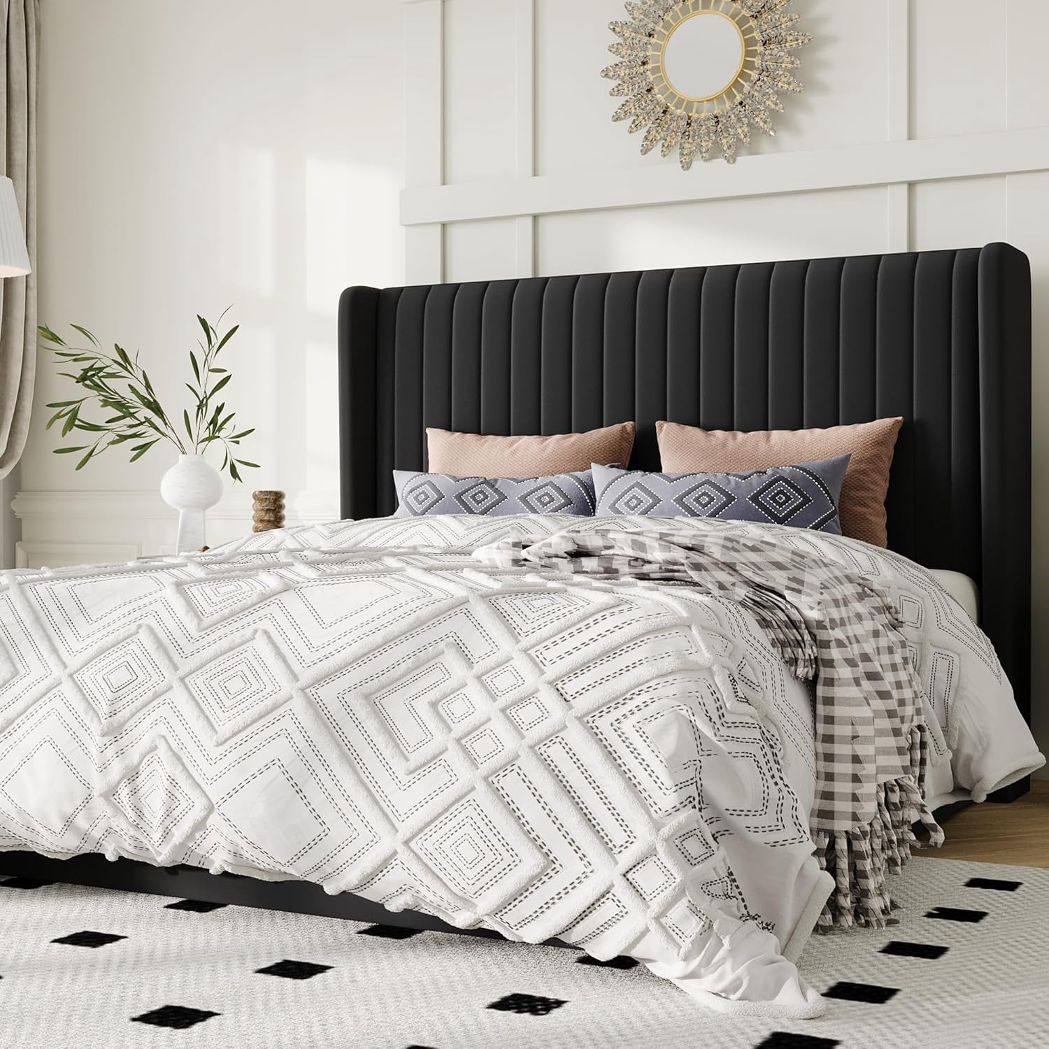 Allewie Queen Size Lift Up Storage Bed Frame, Hydraulic Support System, Upholstered Platform Bed Frame, Vertical Channel Tufted Headboard with Wingback, Black