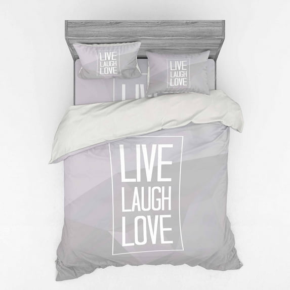 Live Laugh Love Duvet Cover Set, Greyscale Polygonal Pattern Background with Rectangular Frame Words, Bedding Set with Shams and Fitted Sheet, 3 Sizes, by Ambesonne