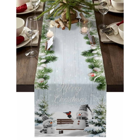 Christmas Table Runner Christmas Tree Snowman Table Runners Snowy Holly Forest Snowflake Cotton Linen Dresser Scarf Kitchen Dining Table Decor for Christmas Holiday Party Decor 13x72 Inch