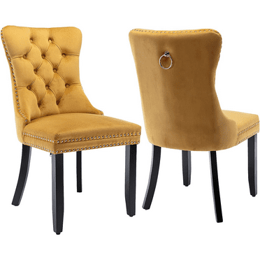 PORKISS Dining Chairs Set of 2, Upholstered High-End Tufted Dining Room Chair with Back Ring and Nailhead Trim, Modern Velvet Chairs with Solid Wood Legs for Kitchen,Gold
