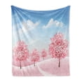 thumbnail image 1 of Spring Soft Flannel Fleece Throw Blanket, Nature Landscape of Blooming Sakura Trees and a Clear Sky, Cozy Plush for Indoor and Outdoor Use, 50" x 60", Sky Blue Pastel Pink, by Ambesonne, 1 of 5