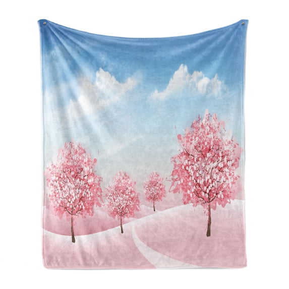 Spring Soft Flannel Fleece Throw Blanket, Nature Landscape of Blooming Sakura Trees and a Clear Sky, Cozy Plush for Indoor and Outdoor Use, 50" x 60", Sky Blue Pastel Pink, by Ambesonne