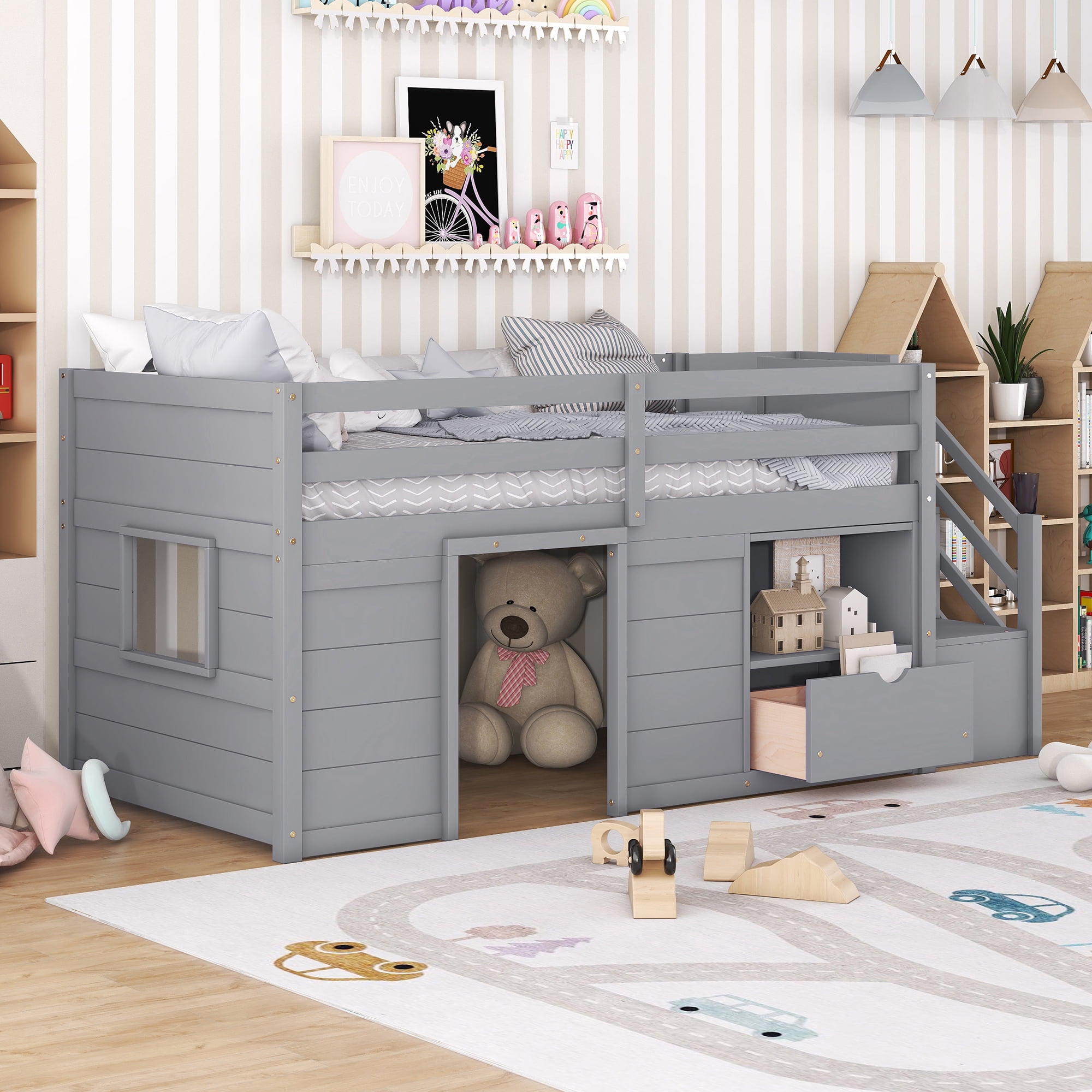 Leumius Twin Size Loft Bed with Storage Stairs and Storage Drawers,Solid Wood Bed Frame with Large Under-Bed Space,Gray