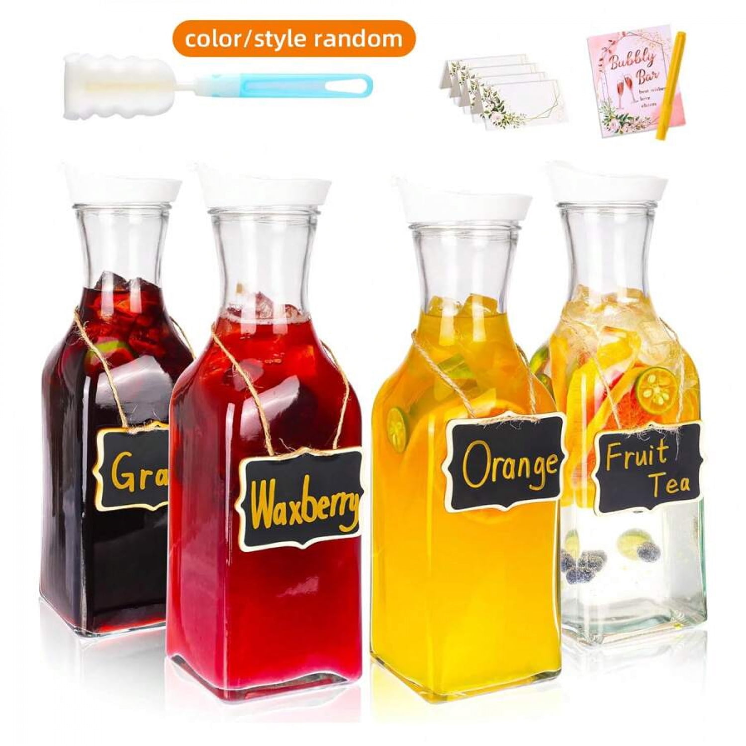 NTGFU 4pcs Glass Carafe with Lids, 50oz Beverage Serveware Carafe, Clear Glass Pitcher for Mimosa Bar, Iced Tea, Cold Beverage, Milk, Party Storage