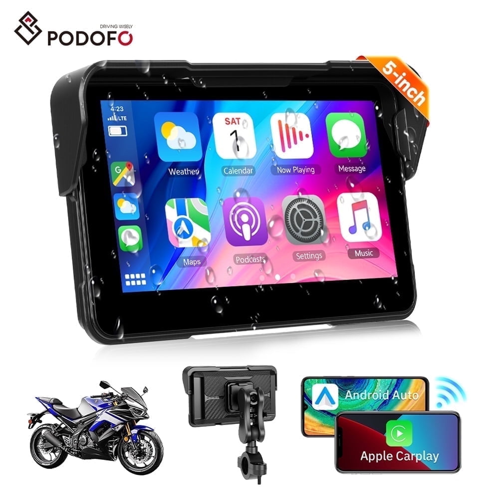 Podofo 5'' HD IPS Portable Touch Screen for Motorcycle with Wireless Carplay & Android Auto Screen,GPS Navigation,Waterproof,Siri Voice Control