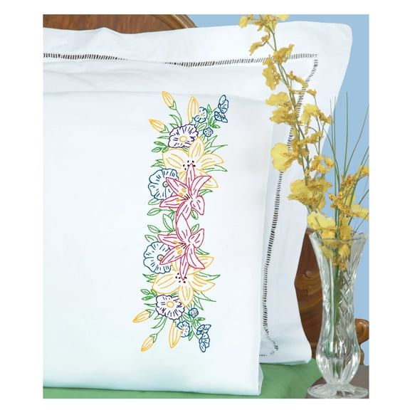 Jack Dempsey Stamped Pillowcases W/White Perle Edge 2/Pkg-Pretty Flowers