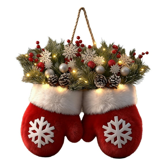 IROOZIGOTO 14.1 Inch Twinkling Christmas Mitten Wreath with LED Lights Pre-Lit Artificial Christmas Wreath, Ourdoor Christmas Wreath Decorations With Pine Cones, Berry Clusters, Frosted Branches