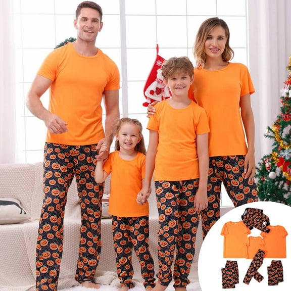 Odeerbi Matching Family Halloween Pajamas Sets Halloween Printed Family Outfits Sets 2024 Casual Short Sleeve Top with Bottom Home Wear Loungewear Sleepwear Jammies for Dad