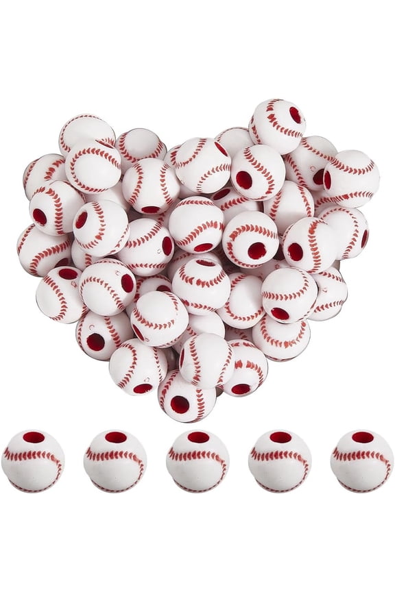 200Pcs Baseball Beads Bulk Softball Beads 11x10mm White Acrylic Sports Ball Charms Round Loose Spacers