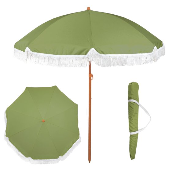 Punchau 6 Ft Fringe Patio Umbrella - Outdoor Umbrella for Patio, Pool, Table, Garden, Deck, & Beach - Push Button Tilt Pole - Fashionable Boho Vintage Tassels & Wood Print - Sage Green