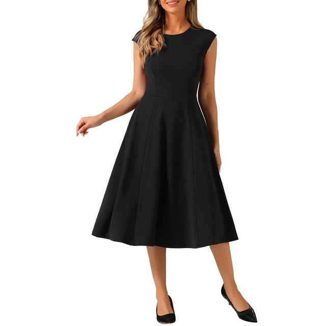 Vestido de trabajo elegante para mujer Inspire Chic, con mangas cortas, cintura ceñida, corte en A, color negro