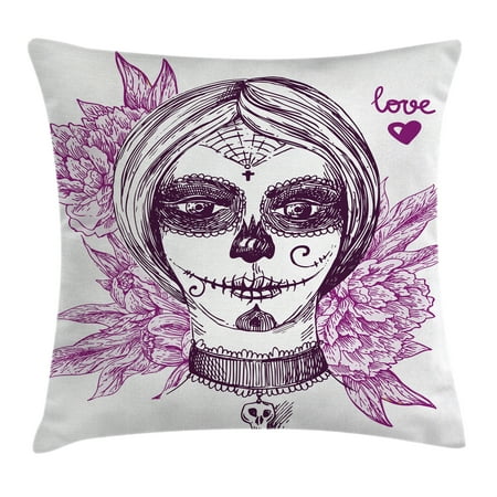 - Day Of The Dead Decor Throw Pillow Cushion Cover, Gothic Vampire like Dead Face Skull with Flowers Image, Decorative Square Accent Pillow Case, 16 X 16 Inches, Violet Purple and White, by Ambesonne