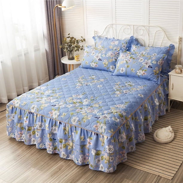 Falda de cama acolchada con doble encaje, funda protectora para colchón, funda para colchón