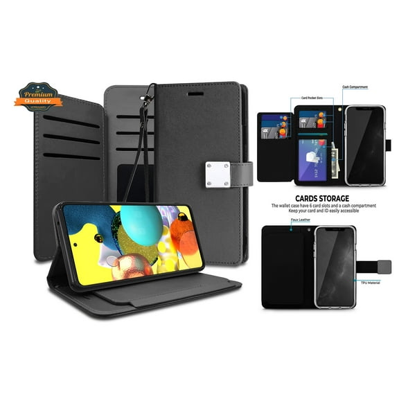 Xpression Case for Samsung Galaxy S21 (6.2") Wallet Folio Flip Leather Case with 6 Credit Card Slots & Wrist Strap, Stand Pouch Phone Cover [Black]