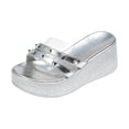 thumbnail image 4 of Rokment Studded Metallic Platform Wedge Slides Dress Sandals for Woman Trendy Casual Transparent Chunky Slip on Heeled Summer Pumps Slippers Silver Size 8, 4 of 5