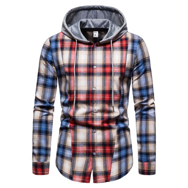 Camisas Vaqueras Para Hombre Manga Larga Camisa de manga larga con botón de color de con capucha a cuadros informal a la moda para hombre (Blue, XL)