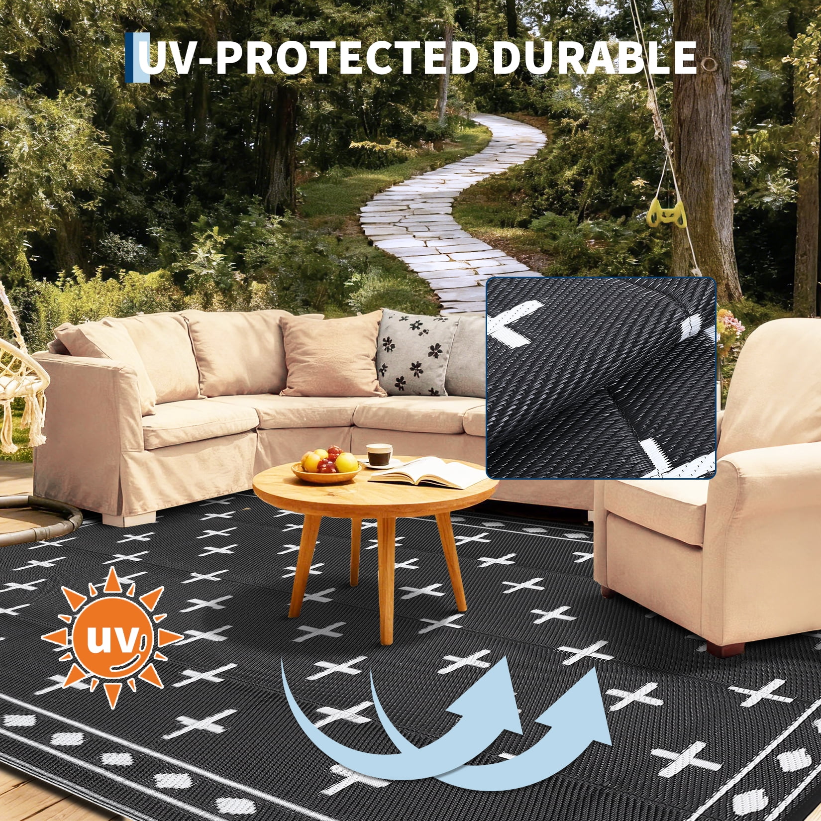 Large 9x18 Outdoor Area Rug, Waterproof Plastic Straw Mat with Framed Geometric Design for RV Awning, Patio, Deck, Garden, Camping, Beach and Backyard,Black White