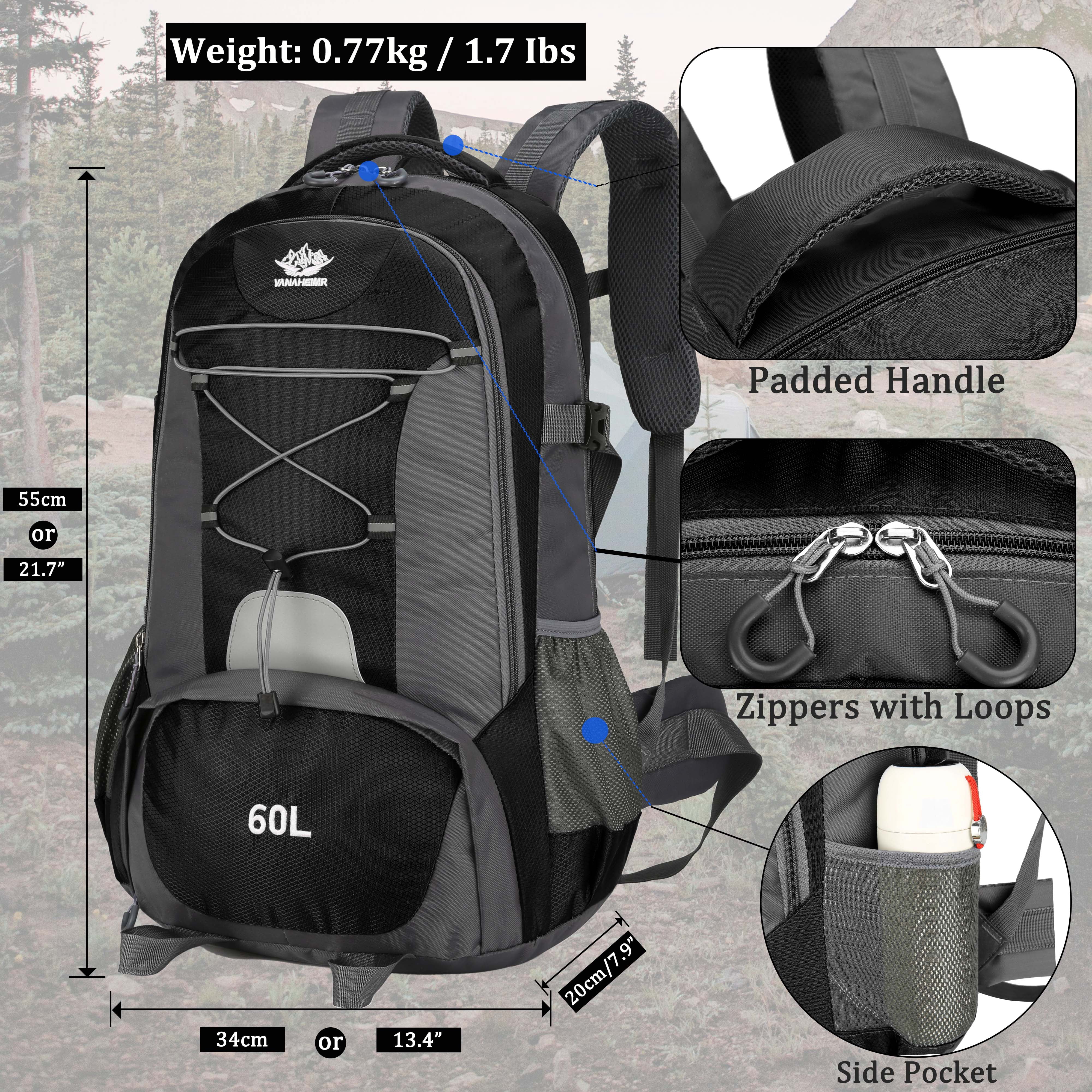 60L Lightweight Hiking Camping Backpack,Hunting Climbing Backpack for Outdoor,Backpack Water Resistant,Tactical Backpack for Men Women