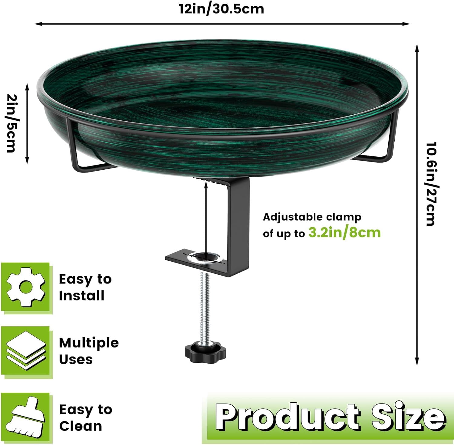 Deck Mounted Metal Bird Bath for Outside, Detachable Birdbath Bowl with Adjustable Steel Clamp, Outdoor Bird Feeder for Railing Balcony Fence Yard Art Garden Decor (Vintage Bronze)