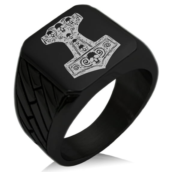 Stainless Steel Mjolnir Thor's Black Skull Hammer Geometric Pattern Biker Style Polished Ring