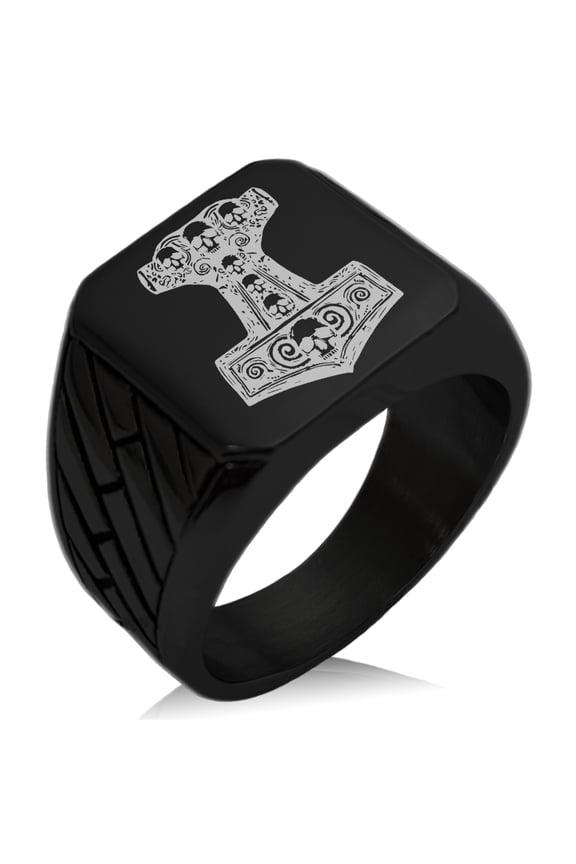 Stainless Steel Mjolnir Thor's Black Skull Hammer Geometric Pattern Biker Style Polished Ring