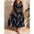 thumbnail image 4 of OYOANGLE Women's Plus Size Tropical Leaf Print Cold Shoulder V Neck Smocked High Slit Midi Dress Multicolor 1XL, 4 of 5